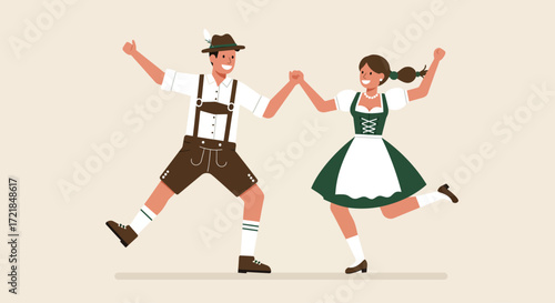 This charming flat design illustration features a happy couple in traditional Bavarian dirndl and lederhosen, engaged in a lively folk dance. 