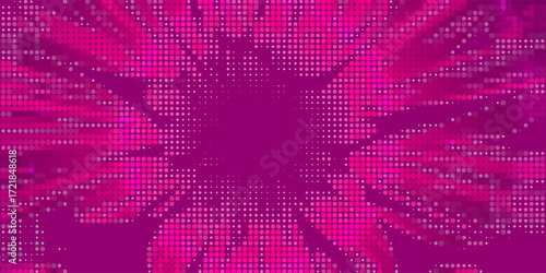 Anime explosion background in bright pink color with comic book dynamic burst effect - powerful radial beams spreading from luminous center point, dotted pattern, speed lines for manga combat scenes.