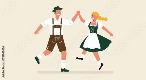 This charming flat design illustration features a happy couple in traditional Bavarian dirndl and lederhosen, engaged in a lively folk dance. 