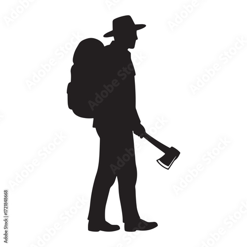 Silhouette of hiker with axe and backpack on white background
