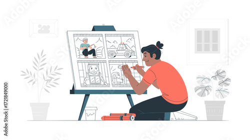 Storyboard Artist at Work: Creating Visual Narrative on Easel, illustrating comic strips, panels, film and television series, graphic novel with storyboard art.