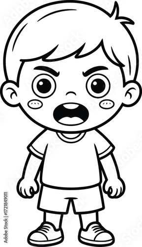 Expressive cartoon boy shouting with anger and frustration in black and white, perfect for educational resources and children's content