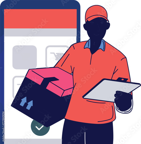 Delivery person holding box and clipboard near phone