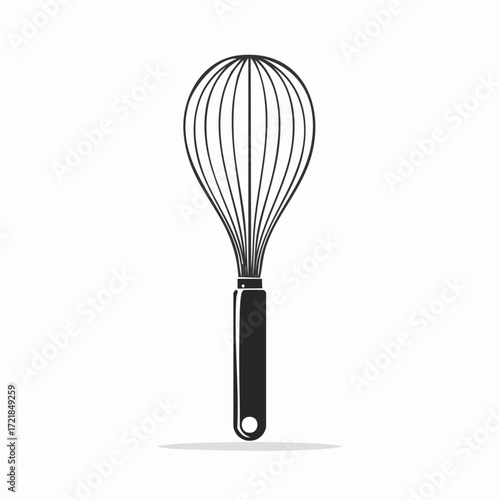 Simple monochrome illustration of a classic kitchen whisk, an essential baking and cooking utensil used for blending, whipping, and stirring ingredients with ease and efficiency