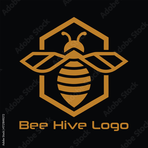 Golden bee and honeycomb logo on black background hive insect