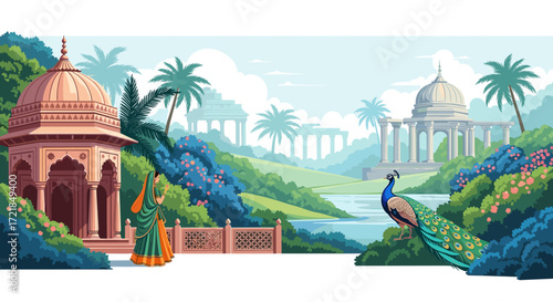 Serene Indian Landscape with Woman in Sari and Peacock: A Blend of Tradition, Nature, and Architectural Beauty in a Colorful Scene