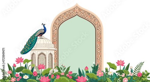 Elegant Peacock and Lotus Flower Illustration with Architectural Arch, Featuring Eastern Design Elements Perfect for Invitations and Creative Projects