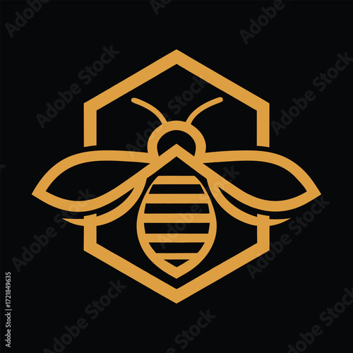 Stylized golden bee and honeycomb hexagon logo on black background insect animal