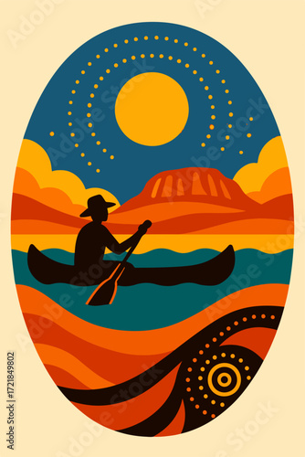 Canoe on Desert River at Sunset — Retro Mid-Century Adventure Illustration