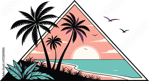 Tropical beach scene with palm trees, ocean, and sunset in framed triangle, ideal for travel, summer, or vacation designs with scalable vector origin