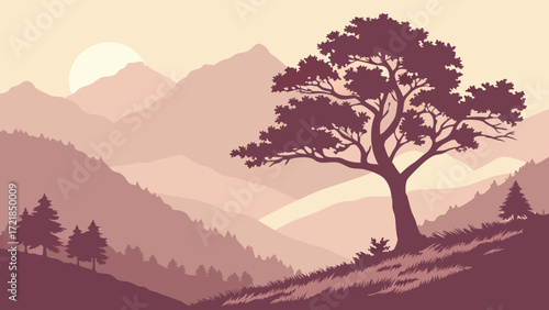 Serene mountain landscape with single tree silhouetted against rising sun, peaceful nature scene for travel, adventure, and outdoor lifestyle promotions