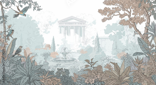 Illustrated Garden Scene with Temple, Fountain, and Birds, Ideal for Wallpaper, Interiors, or Backgrounds with a Classic and Refined Aesthetic