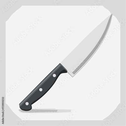 A professional chef's knife with a black handle casting a subtle shadow on a light grey background, showcasing its sharp blade and ergonomic design