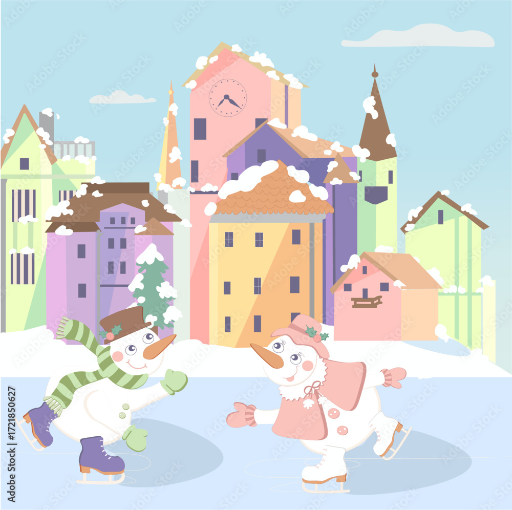 Naklejka premium Christmas card, two ice skating cartoon snowmen. Skating happy snowman's.