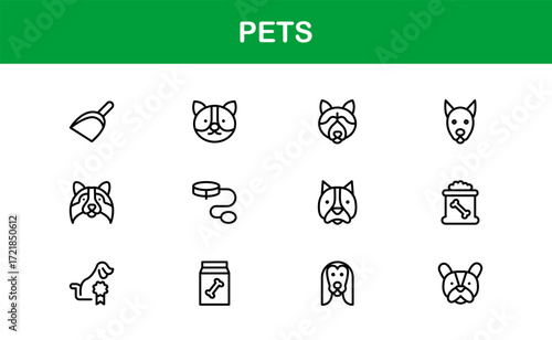 Creative Pets Icons Set. Flat and minimal illustrations of cats, dogs, fish, birds, and accessories for professional and personal animal care design projects.