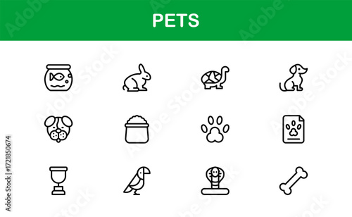 Flat and Outline Pets Icons Set. Includes cats, dogs, fish, pet food, and grooming items in a clean modern style for lifestyle, veterinary, and animal projects.