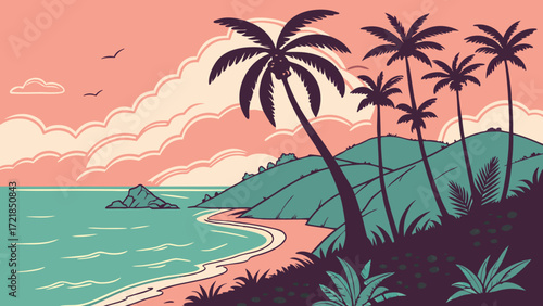 Tropical paradise vector art featuring palm trees and serene ocean views for travel and vacation advertising, perfect for summer promotions and designs