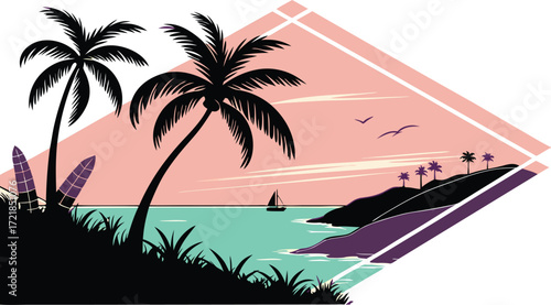 Tropical beach paradise escape, a tranquil coastal scene with palm trees, sailboats, and soft pastel skies for summer vacation dreams and island getaways