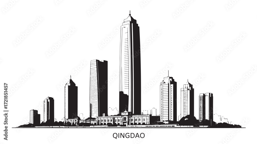 Obraz premium Qingdao Cityscape Silhouette Vector Illustration Showcasing Urban Skyline with Buildings and Design