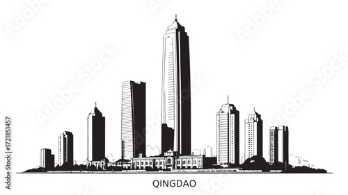 Qingdao Cityscape Silhouette Vector Illustration Showcasing Urban Skyline with Buildings and Design