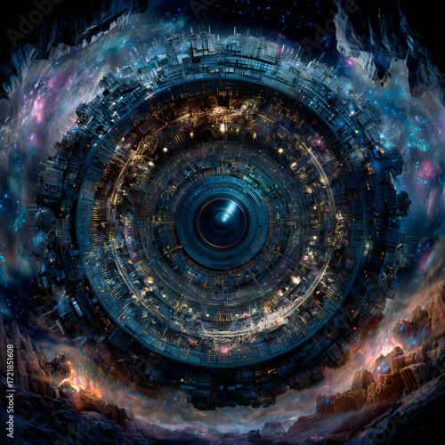 Science fiction alien landscapes with giant mystical hadron colliders and particle accelerators under the stars.