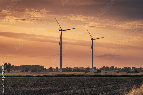 Pałuki Lowland Landscape in northwestern Poland, green energy from wind turbines