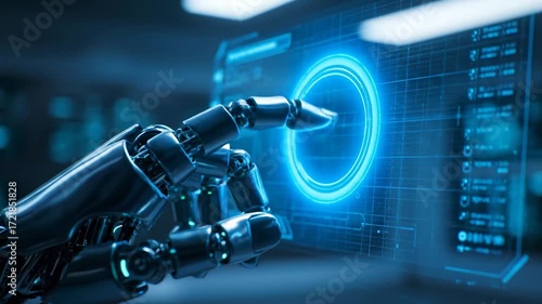 Robotic hand interacts with holographic interface, showcasing advanced technology and seamless motion, as it engages with digital elements in a futuristic environment