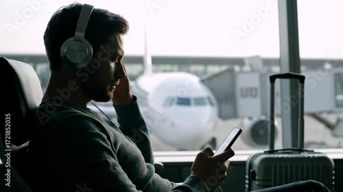 Man wearing headphones is engaged with his smartphone while seated in an airport lounge, showcasing a moment of relaxation before his flight departure