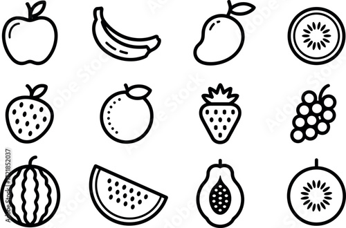 Fresh Fruit Icons collection of various fruits, ideal for culinary themes. A concise representation of fresh produce, perfect for diverse uses.