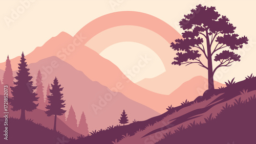 Stunning mountain vista with pine trees and a warm sunset glow, perfect for nature lovers and outdoor adventurers seeking peaceful landscapes
