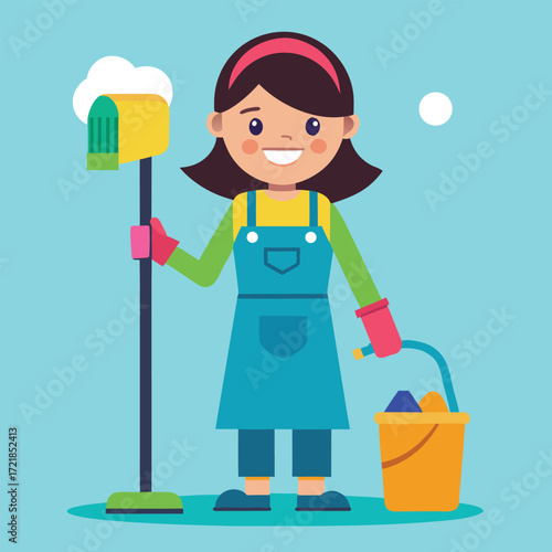 Smiling cartoon girl wearing overalls and gloves holding a mop and bucket ready for house cleaning and chores