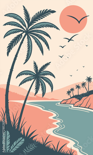 Serene tropical coastal scene with palm trees, calm ocean, and a warm sunset, perfect for travel, vacation, or relaxation themes, originally a scalable vector graphic