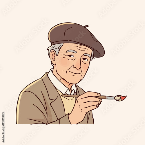 Illustration of an elderly artist holding a paintbrush with a beret hat
