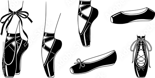 Ballerina footwear icons set. Collection of various pointe shoe icons, showcasing different styles and positions, ideal for dance related projects