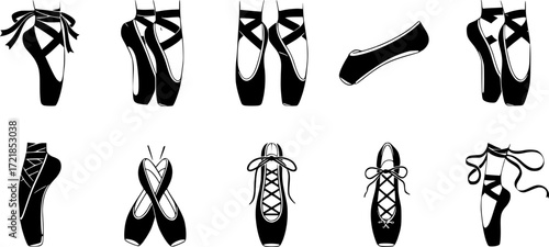 Ballerina footwear icons set. Collection of various pointe shoe icons, showcasing different styles and positions, ideal for dance related projects