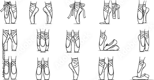 Ballerina footwear icons set. Collection of various pointe shoe icons, showcasing different styles and positions, ideal for dance related projects