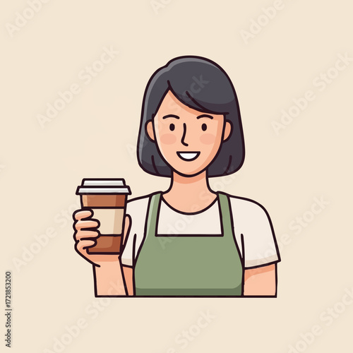 Smiling woman holding coffee cup in hand and wearing apron illustration