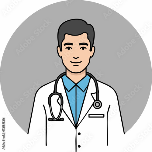 Doctor with stethoscope around neck illustration in front of gray circle