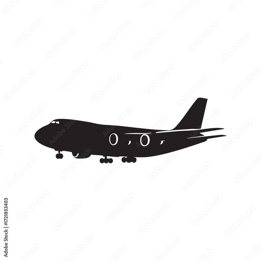 Obraz premium Silhouette of a Jumbo Jet Aircraft Preparing to Land, with Landing Gear Deployed Against White Background