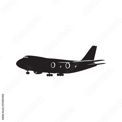 Silhouette of a Jumbo Jet Aircraft Preparing to Land, with Landing Gear Deployed Against White Background