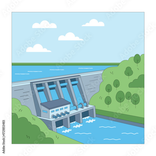 Flat vector illustration of a hydroelectric power plant dam with flowing water, renewable energy source, clean electricity generation concept, isolated on white background, commercial use.