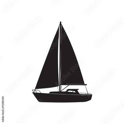 Black and White Silhouette of a Sailboat on the Open Ocean Sailing Freely with the Wind Powering it Forward