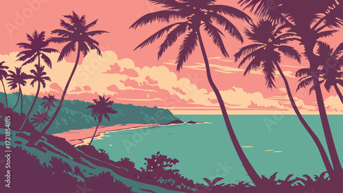 Serene tropical coastline with swaying palm trees, calm ocean waters, and soft pastel colors evoking relaxation and a dreamy vacation vibe, originally vector art