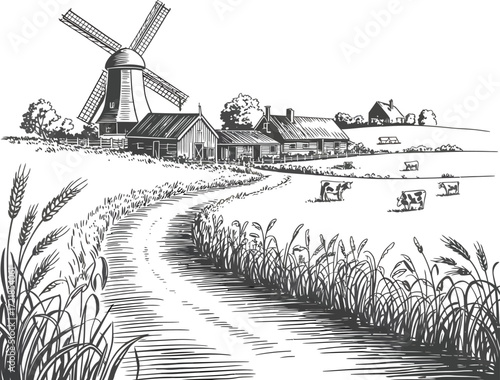 Traditional Windmill Farming and Agriculture A Hands Drawing Illustration