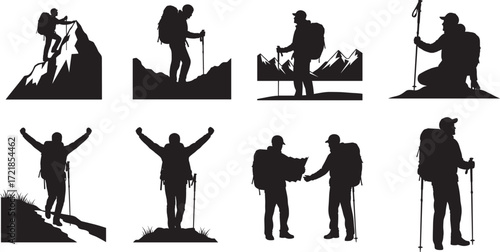 Silhouette of hikers with backpack climbing mountain, trekking adventure, outdoor exploration, camping journey, nature travel lifestyle, wilderness exploration, mountaineering sport illustration