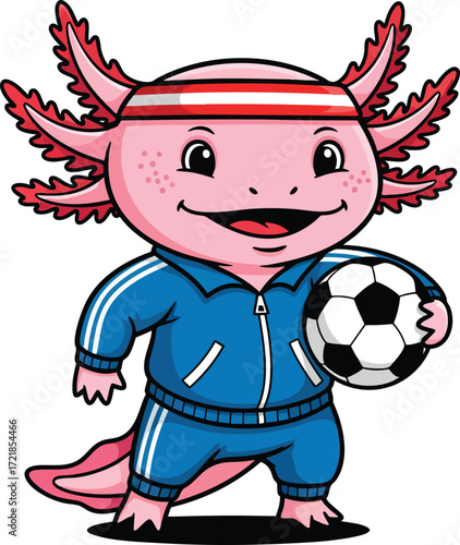 Cute Axolotl Soccer Player in Tracksuit Holding Football – Cartoon Sports Character Illustration