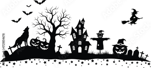 Spooky Halloween night silhouette with haunted house, howling wolf, and flying witch.