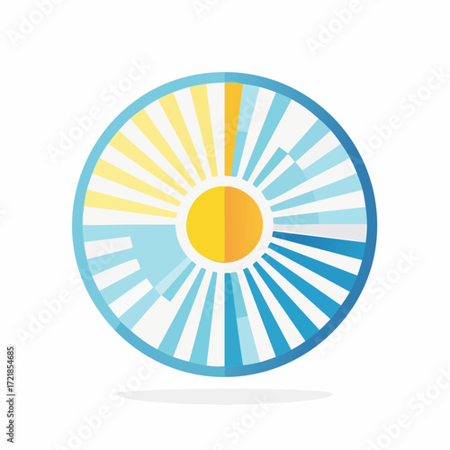 Illustration depicting a stylized radiant sun disc in shades of yellow, blue, and white