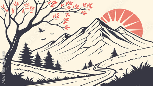 Stunning mountain landscape with winding road and vibrant sunrise, perfect for travel, adventure, and nature-themed projects, available in scalable vector format