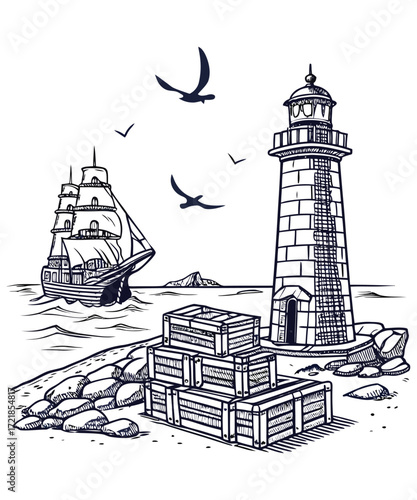 Lighthouse Guide: Coastal Navigation Tips A Hands Drawing Illustration
